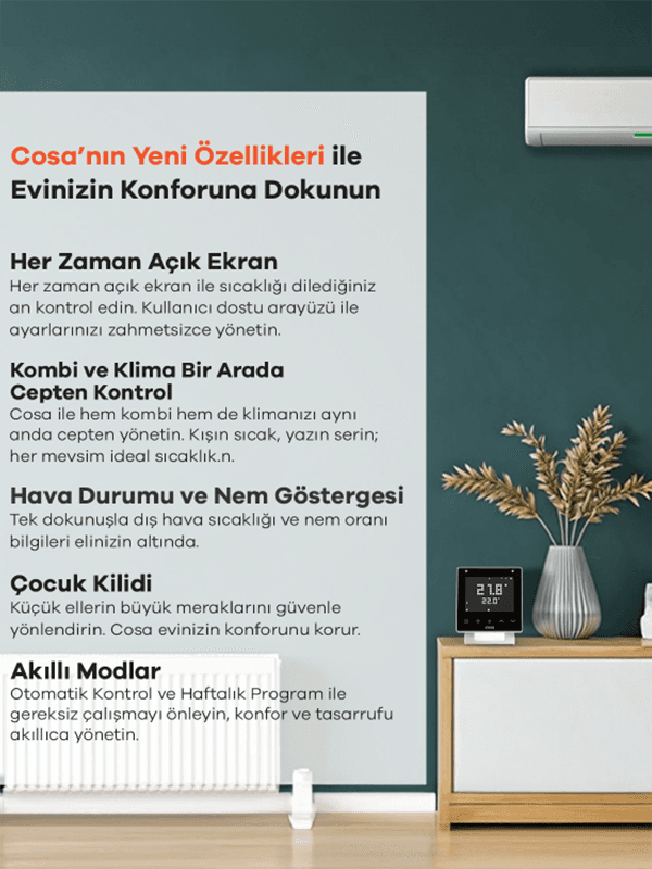 Cosa P5TR-22-AC-INV Akıllı Siyah Yerden Isıtma ve Klima Termostatı 2